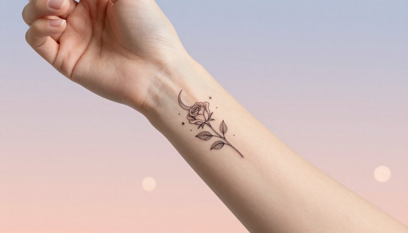 A delicate rose, crescent moon, and star tattoo on a woman’s forearm.