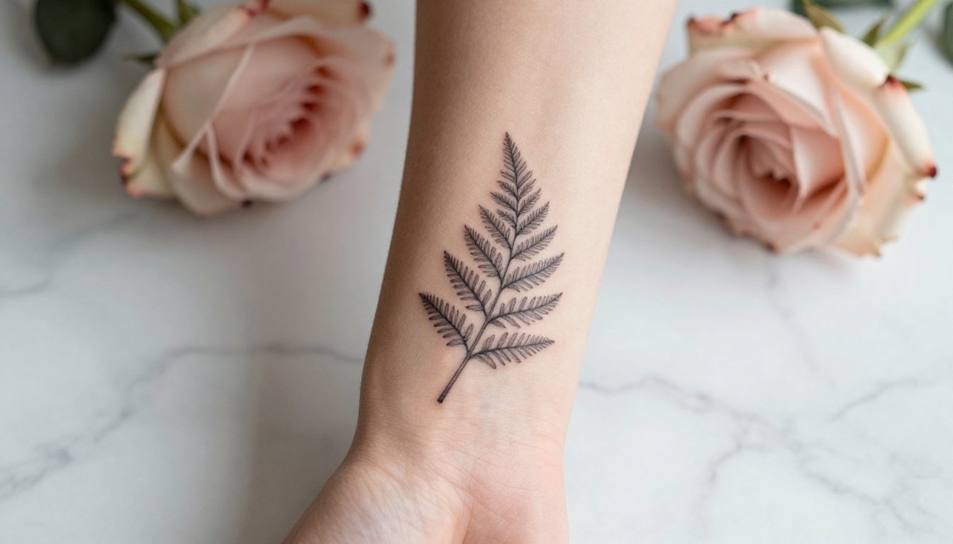 A tiny fern tattoo on a woman’s inner wrist above pastel marble.