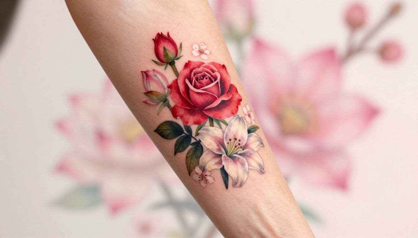 A colorful forearm tattoo with a rose, lotus, lily, and cherry blossoms.