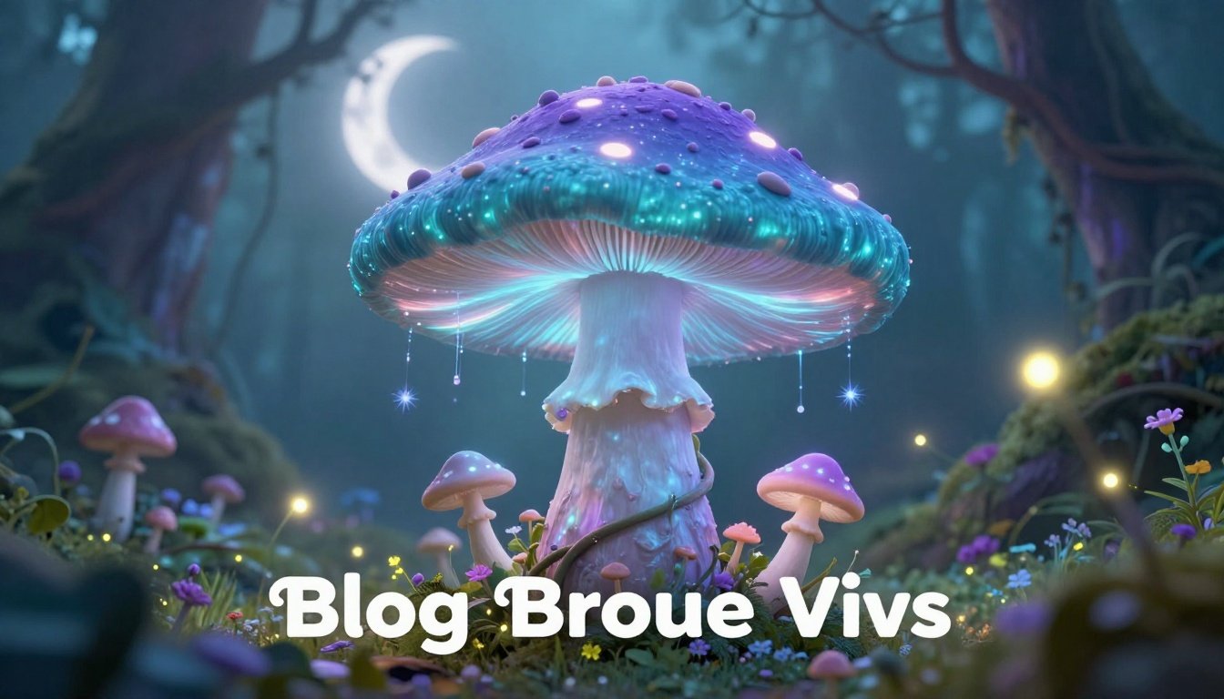 A glowing teal mushroom surrounded by tiny fungi, vines, fireflies, and a crescent moon.