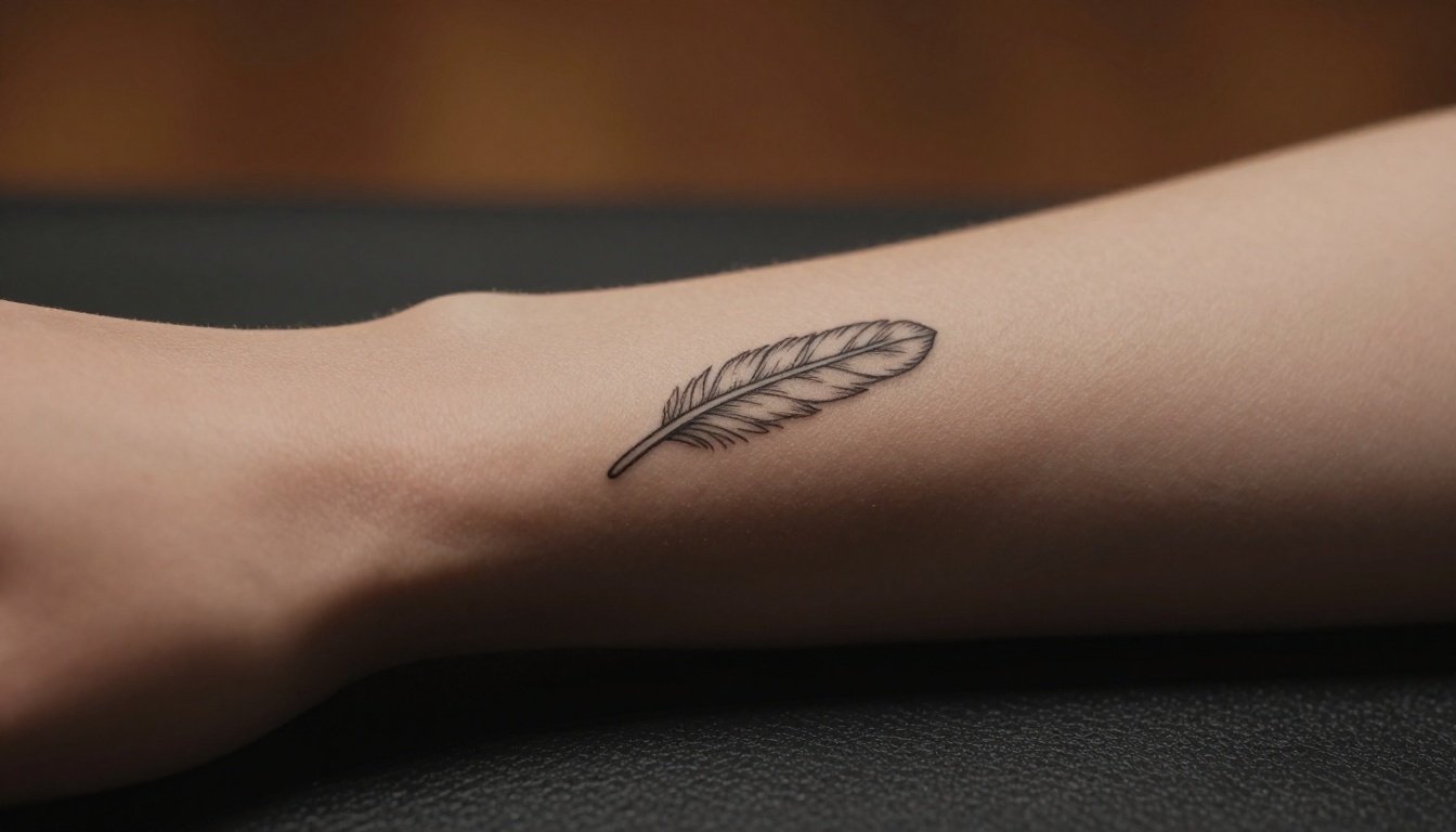 A small black feather tattoo appears near the wrist on a forearm.
