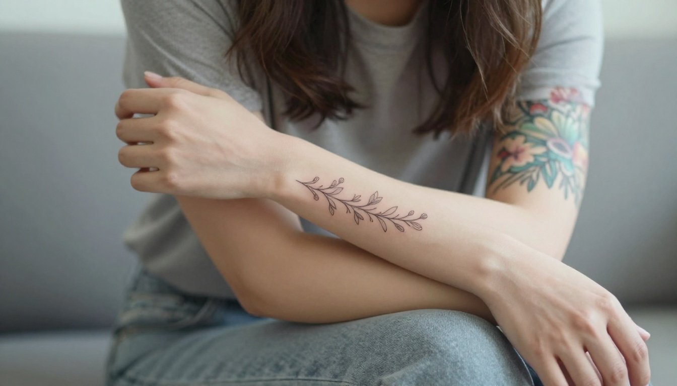 Woman showing a tiny botanical tattoo and colorful floral sleeve
