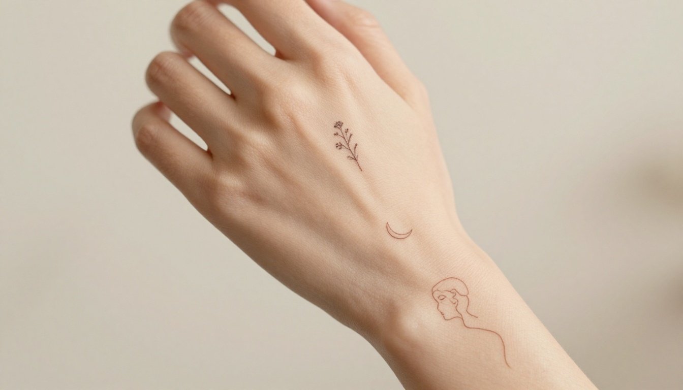 Female forearm with a wildflower, crescent moon, and minimalist portrait tattoos.