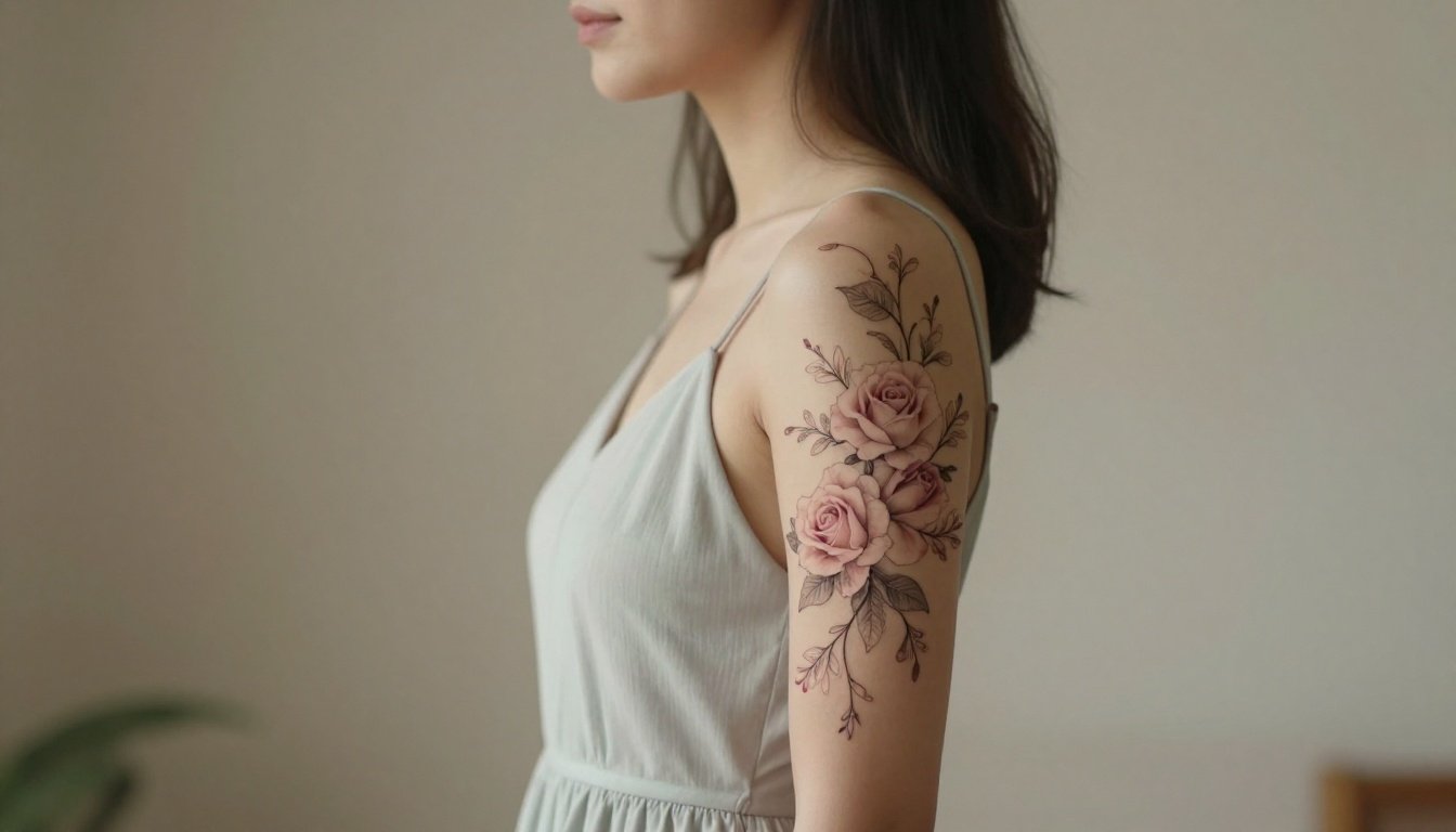 Woman in a pastel dress showing a floral tattoo on her right hip.