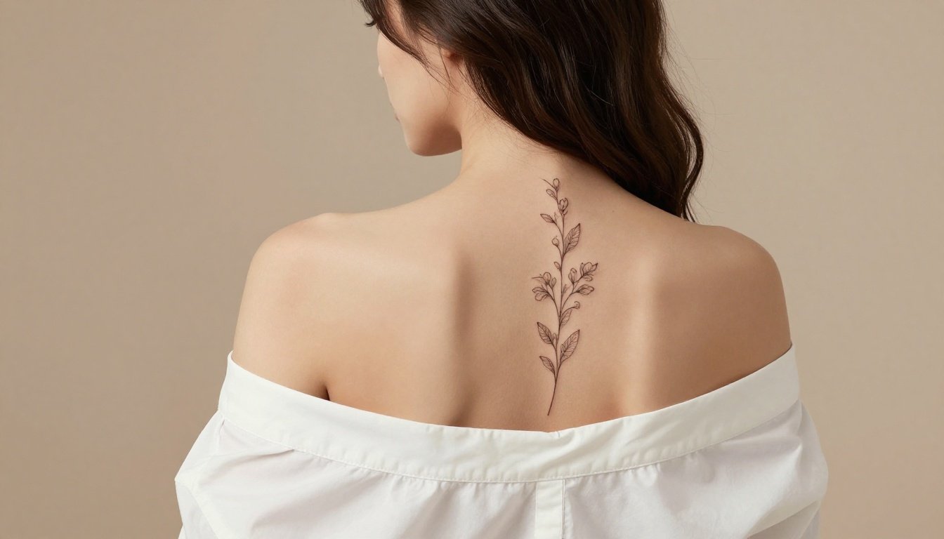 Woman showing a delicate floral tattoo running down her spine.