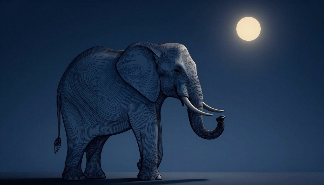 Abstract elephant head with a raised trunk and glowing sun on an indigo background.