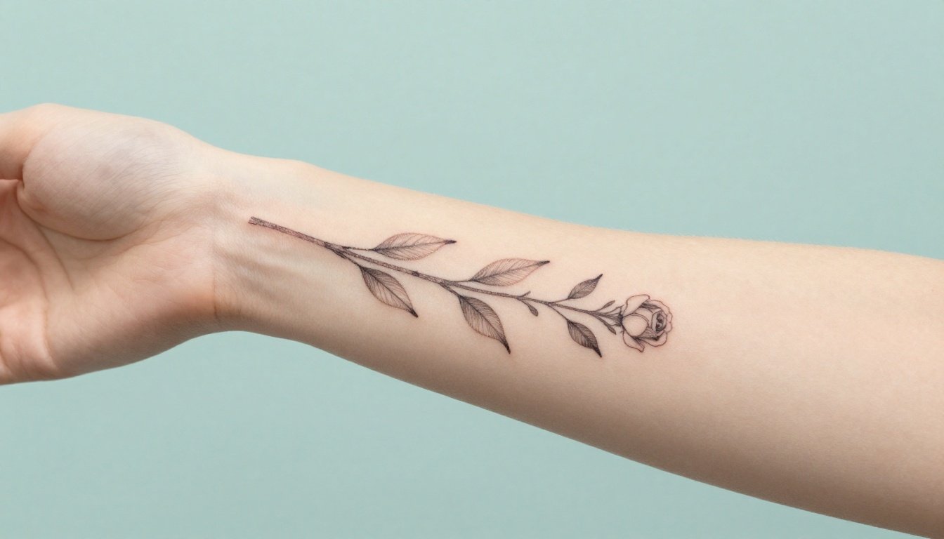 Woman’s forearm showing a delicate leafy tattoo with a tiny rose.