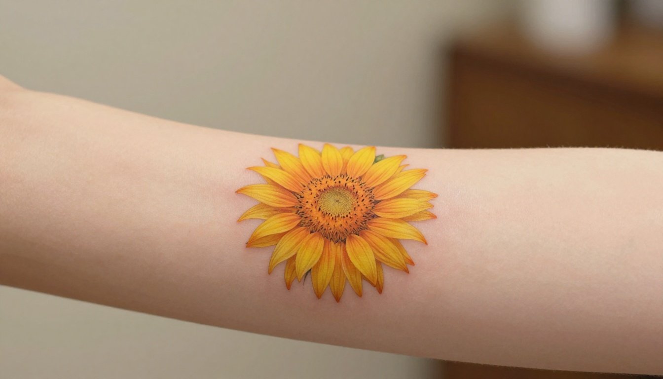 A yellow and orange sunflower tattoo decorates a forearm against a softly blurred cream background.