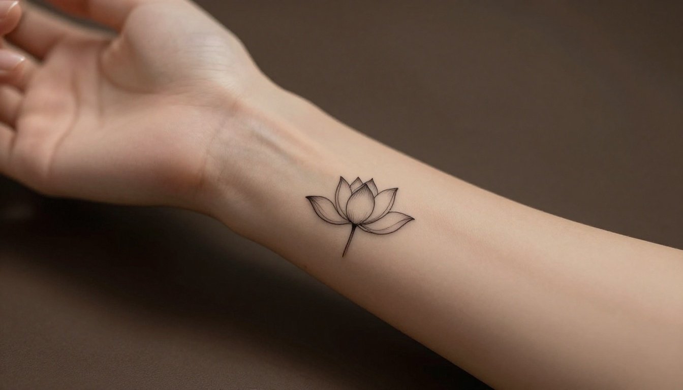 A small fine-line lotus tattoo above the wrist on a slender forearm.