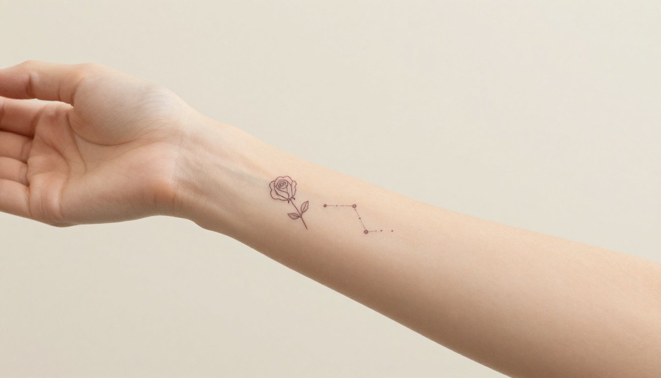 A woman’s forearm showing a tiny rose and constellation tattoo.