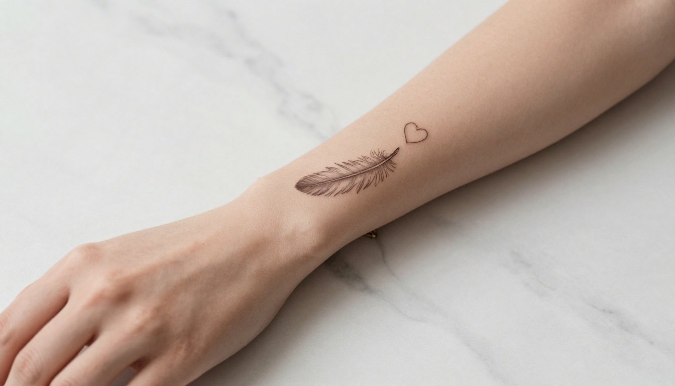 Woman’s forearm showing a tiny feather and heart tattoo near her wrist.