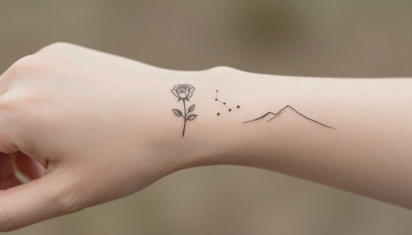 Forearm showing a rose, stars, and a mountain tattoo in fine black lines.