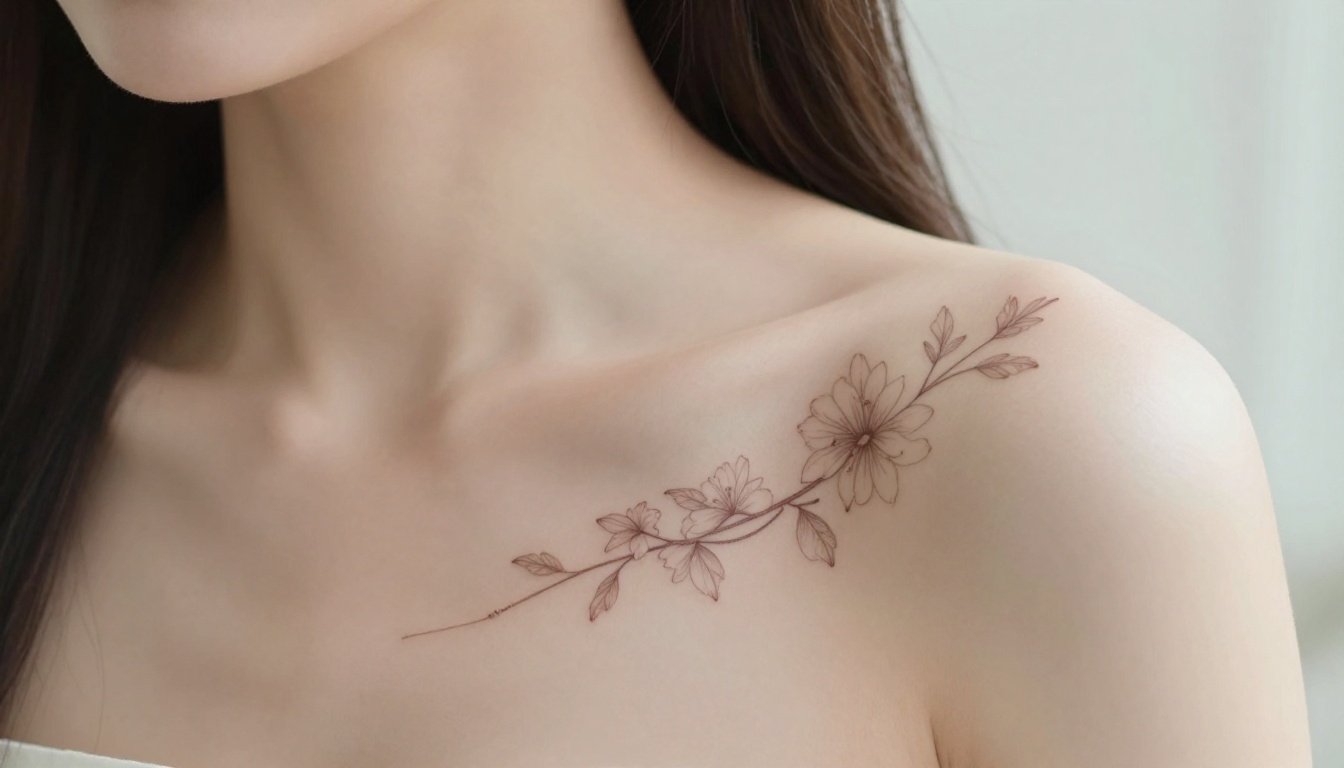 A delicate floral tattoo curves along a woman’s left collarbone.