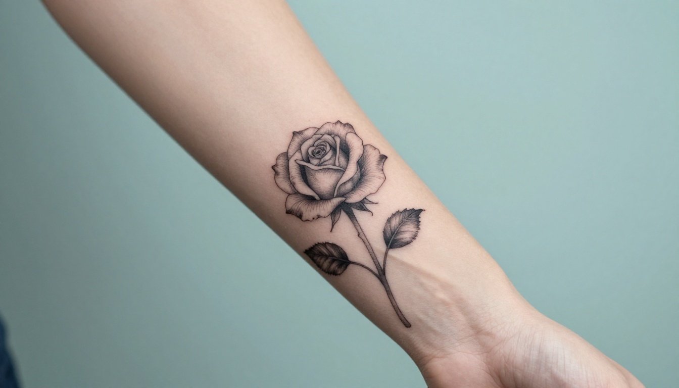 A fine-line rose tattoo extends along a woman’s forearm.