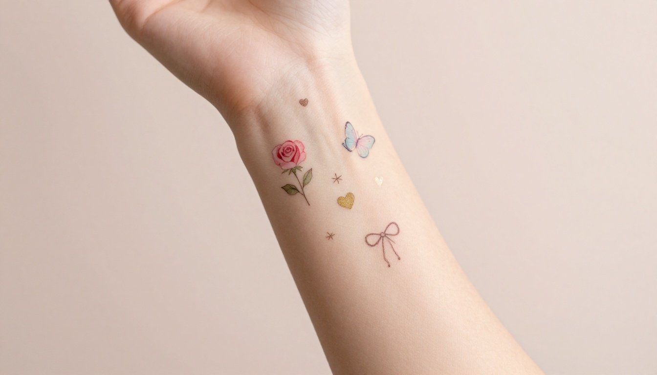 Forearm with tiny rose, butterfly, heart, bow, star, and script tattoos.