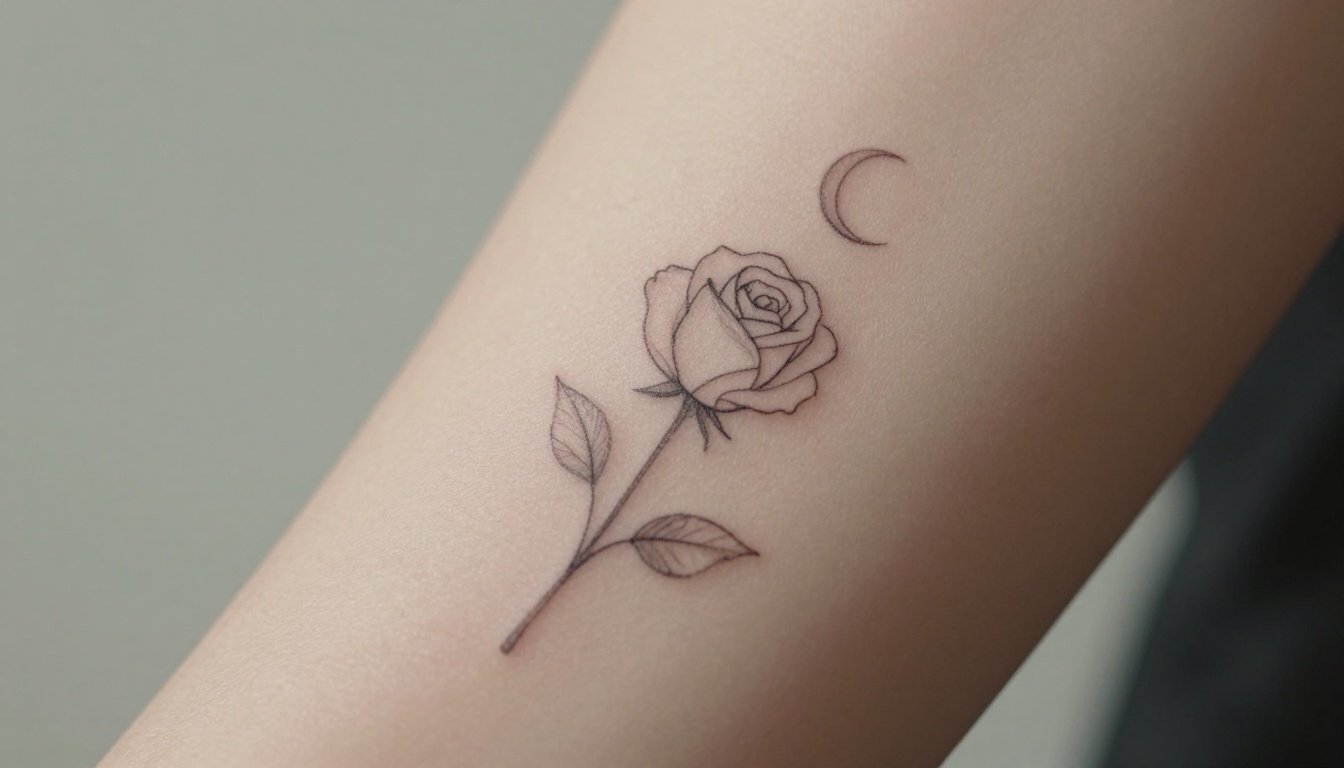 A fine-line rose and crescent moon tattoo on a smooth forearm.