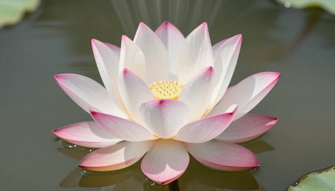 A pink and white lotus with a black mandala pattern above calm dark water.