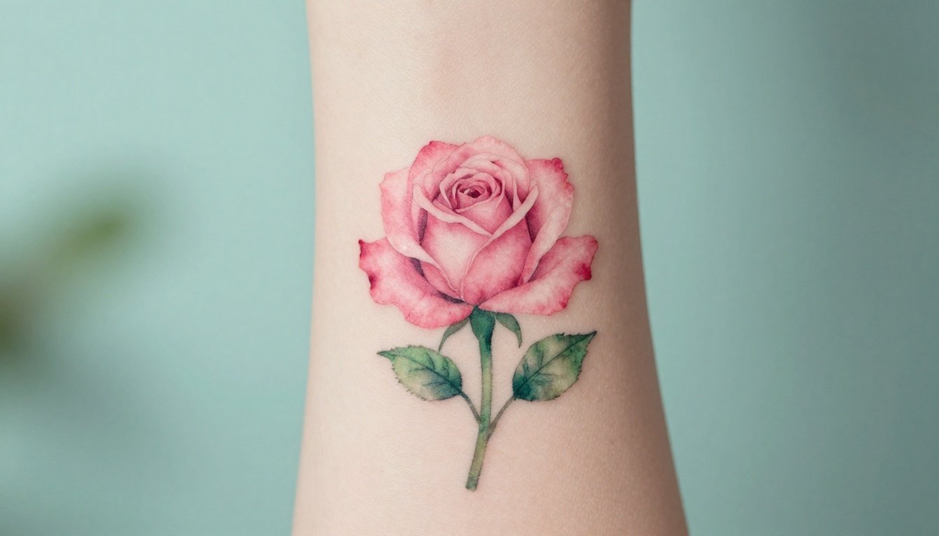 A pink and green watercolor rose tattoo on a slender forearm.