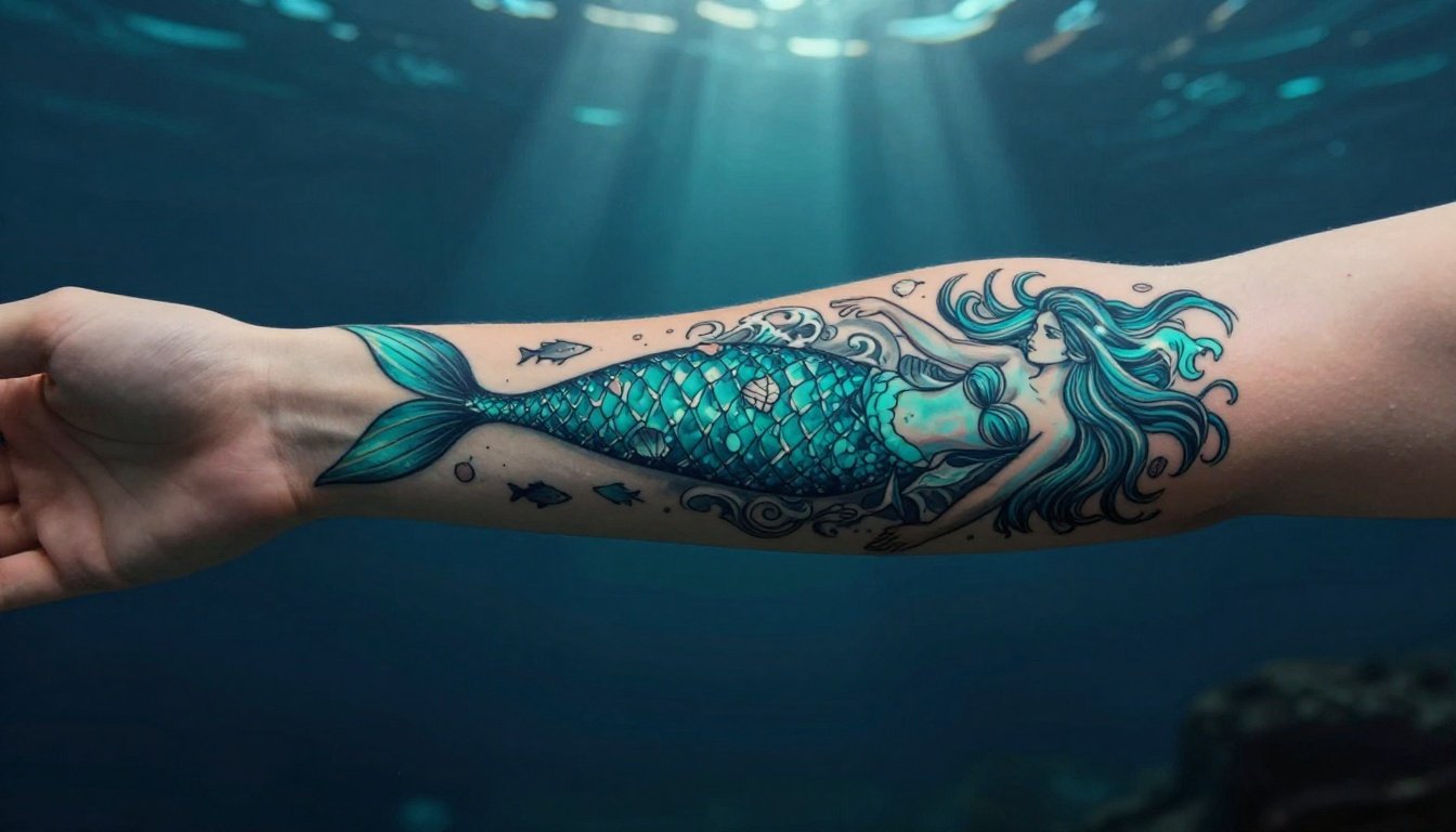 A mermaid sleeve tattoo with turquoise waves, shells, and fish on a woman’s arm.