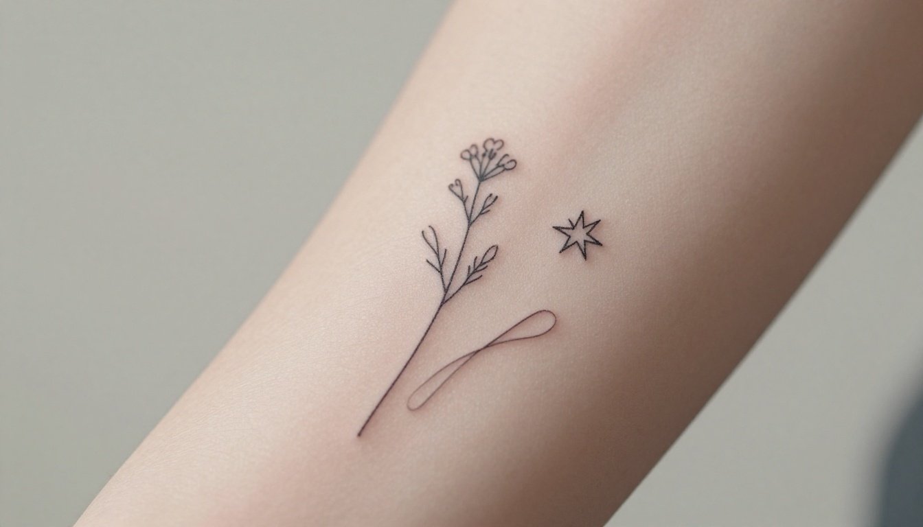 Forearm showing a wildflower, geometric star, and abstract line tattoos.