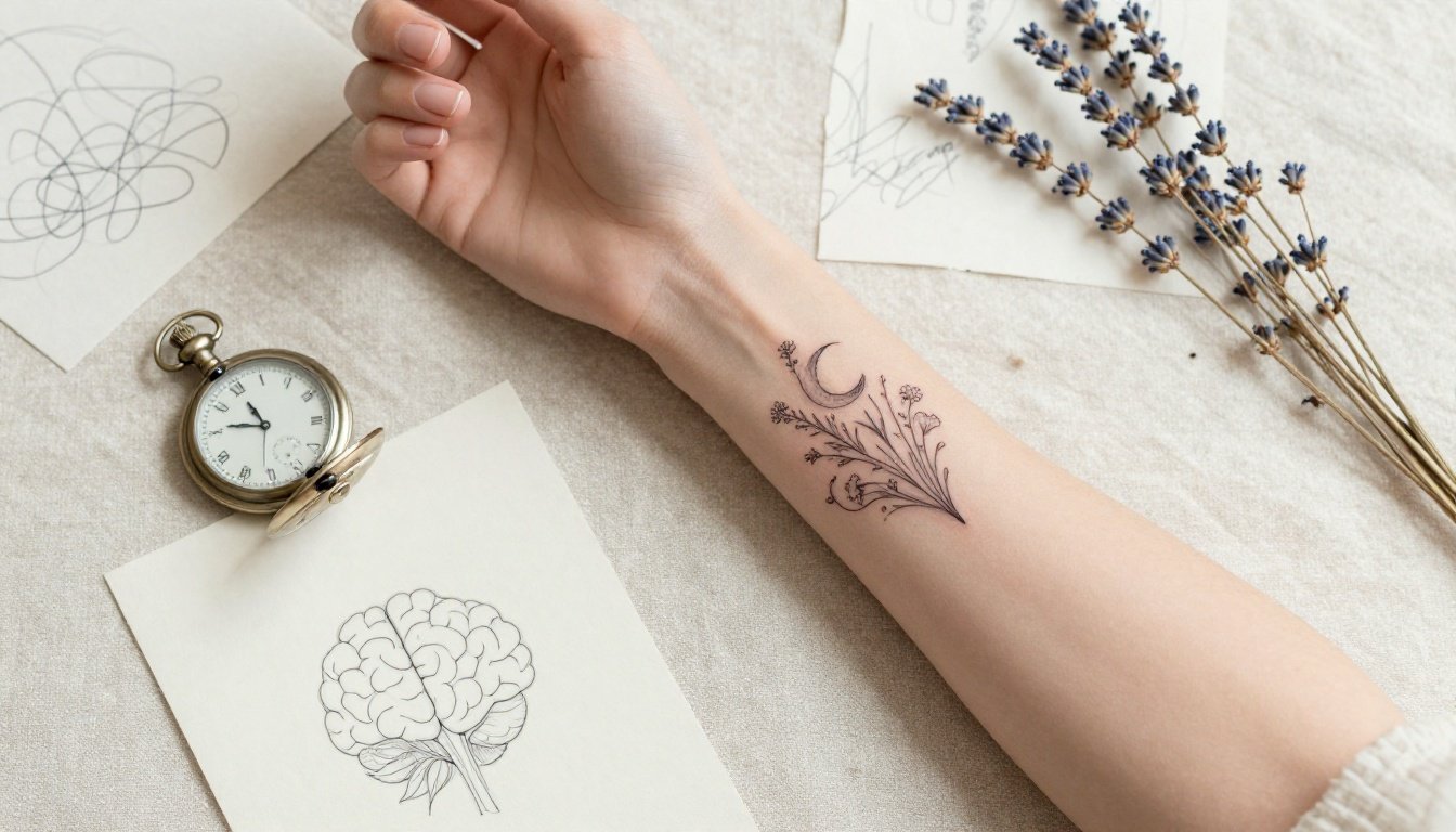 Woman’s forearm with a brain, flower, and crescent moon tattoo among tattoo sketches and lavender.