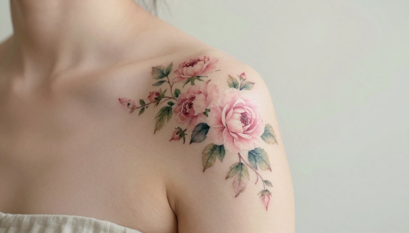 A watercolor tattoo of pink roses and green vines curves across a woman’s shoulder.