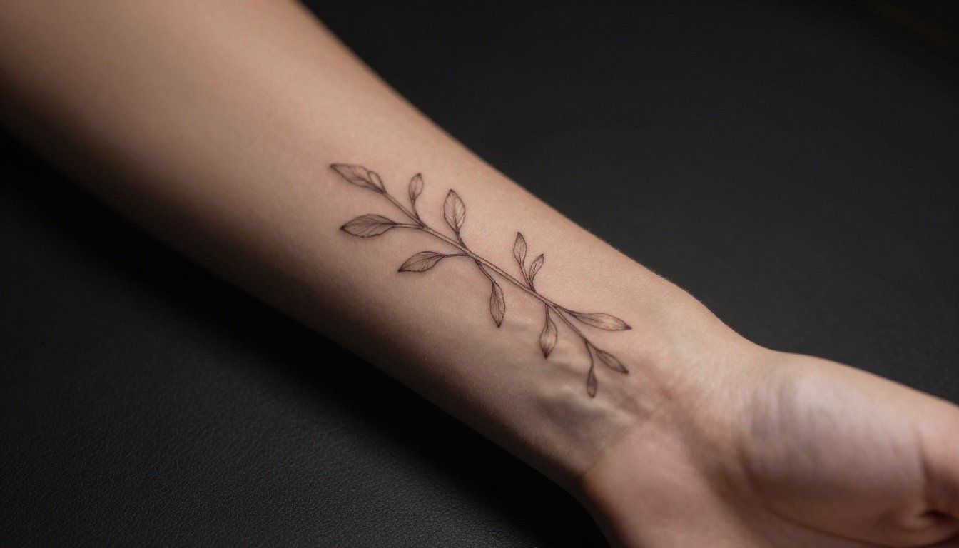 A delicate botanical tattoo winds along a slender forearm near the wrist.