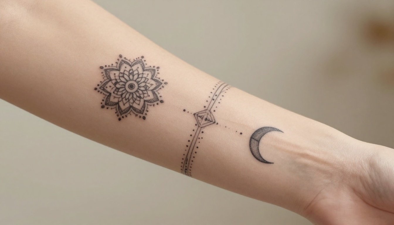 Three delicate black tattoos decorate a woman’s inner forearm.