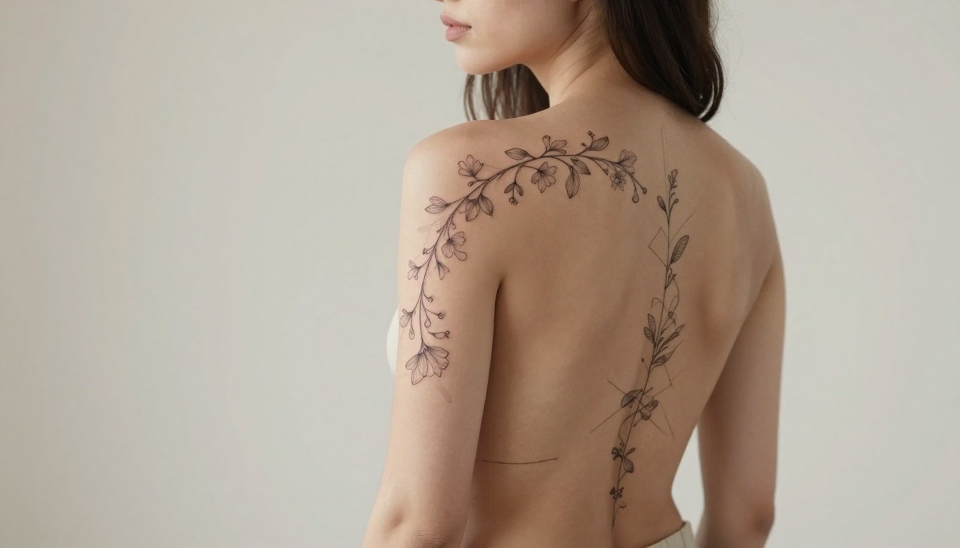 Woman showing a floral and geometric tattoo running down her spine.