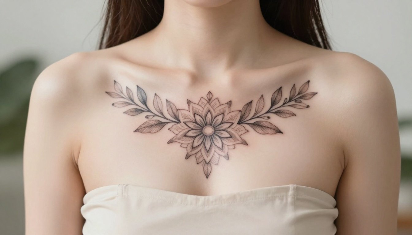 A symmetrical floral mandala tattoo centered on a woman’s sternum.