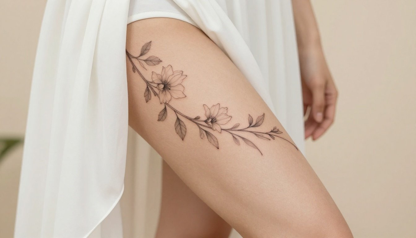 A delicate black floral tattoo wraps around a woman’s upper thigh beneath a white skirt.