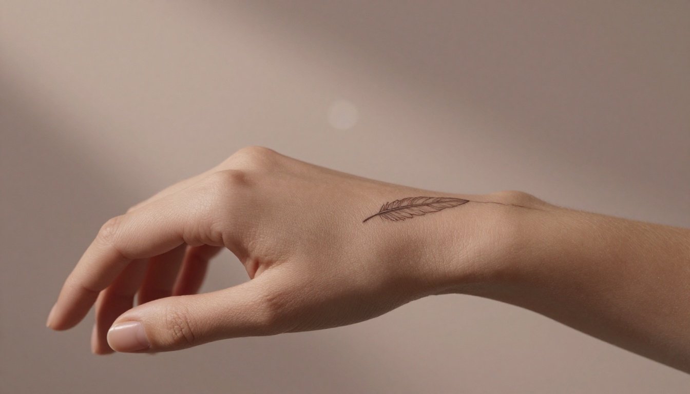 A tiny feather tattoo on a slender inner wrist in warm light.