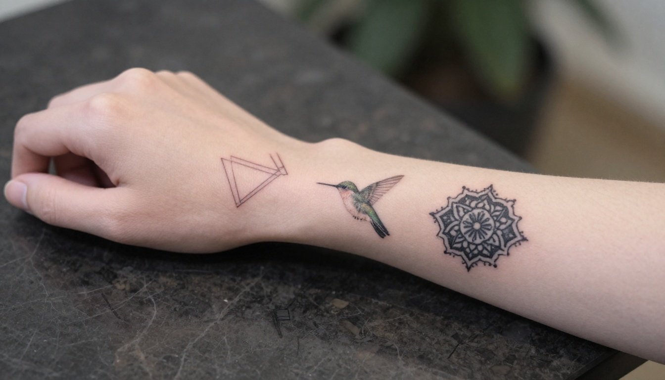 Forearm showing geometric, hummingbird, and mandala tattoos on dark marble.
