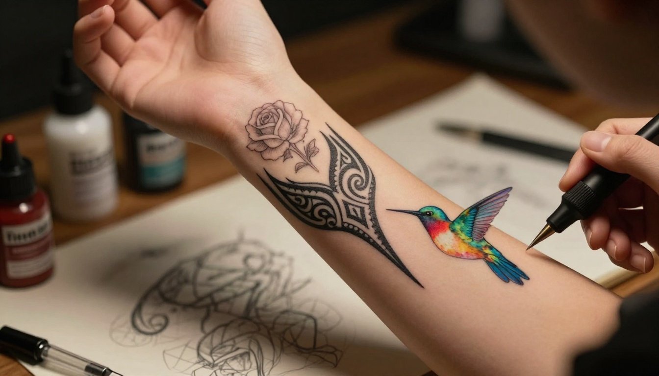 A forearm showing a rose, tribal pattern, and colorful hummingbird tattoos.