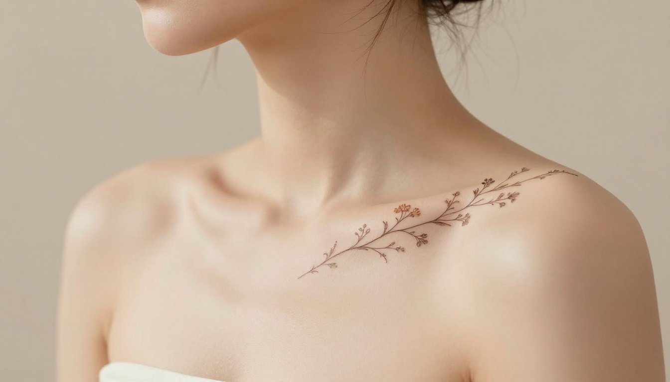 A delicate wildflower tattoo curves along a woman’s collarbone and shoulder.