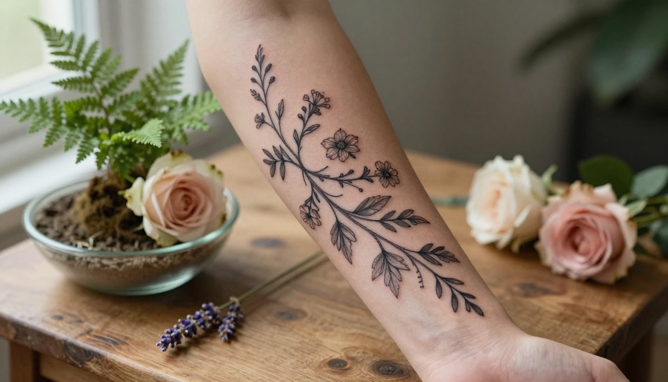 Forearm with a detailed botanical tattoo beside a bowl of flowers and ferns.