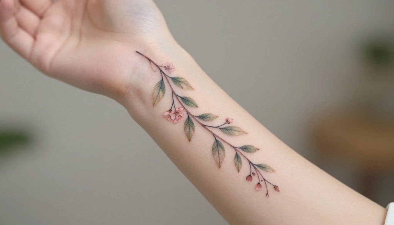 A fine-line vine tattoo with green leaves and pink flowers wraps around a woman’s forearm.