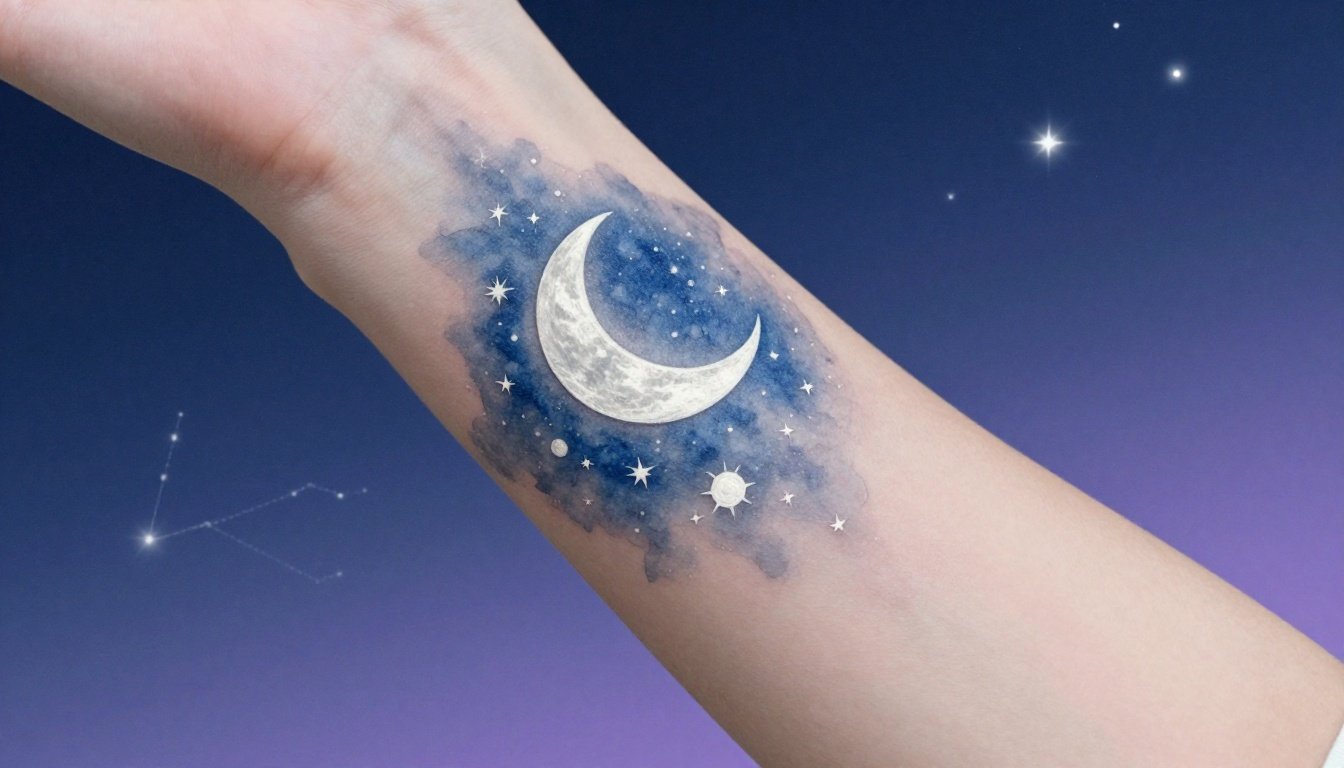 Woman’s arm with a white celestial tattoo and soft indigo watercolor background.