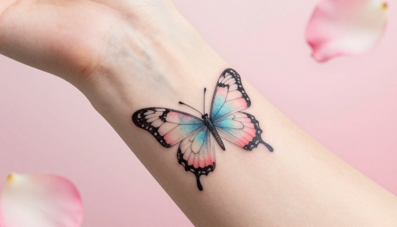A pastel butterfly tattoo with rose petals on a woman’s forearm.