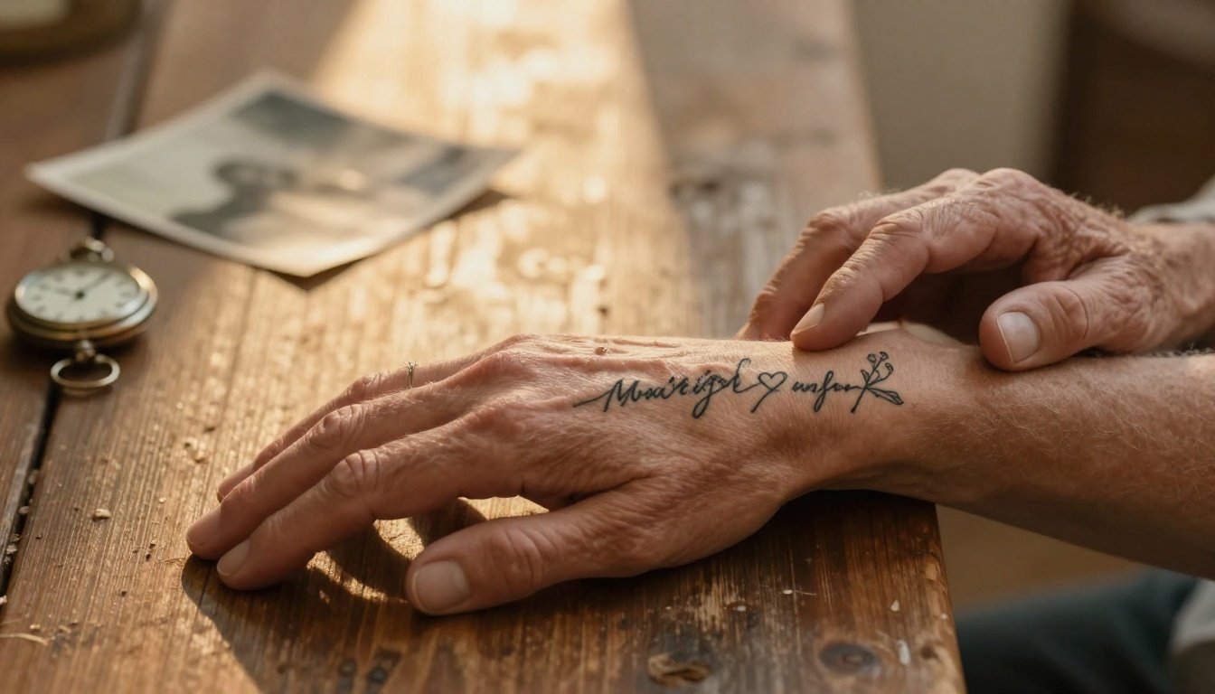 A memorial tattooed forearm held gently by an elderly hand beside a pocket watch.