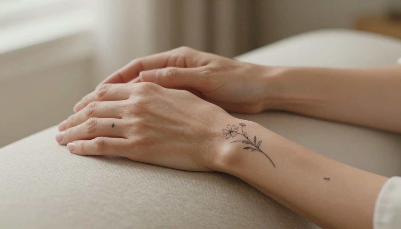 Mature woman's hands displaying delicate wildflower, star, and initial tattoos.