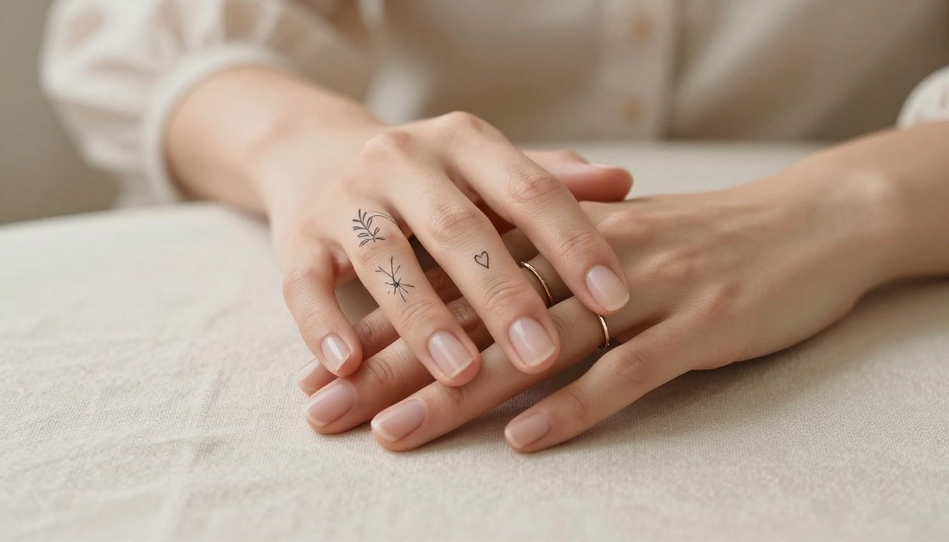 Woman's hands showing delicate tattoos on her fingers.