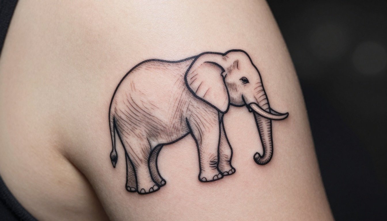 A thin black elephant outline tattoo with a raised trunk on a forearm.