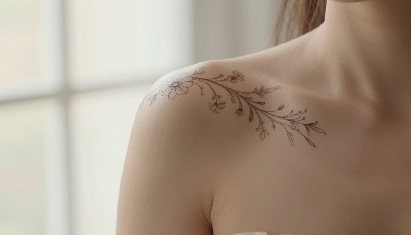A fine-line wildflower tattoo curves across a woman’s shoulder in soft window light.
