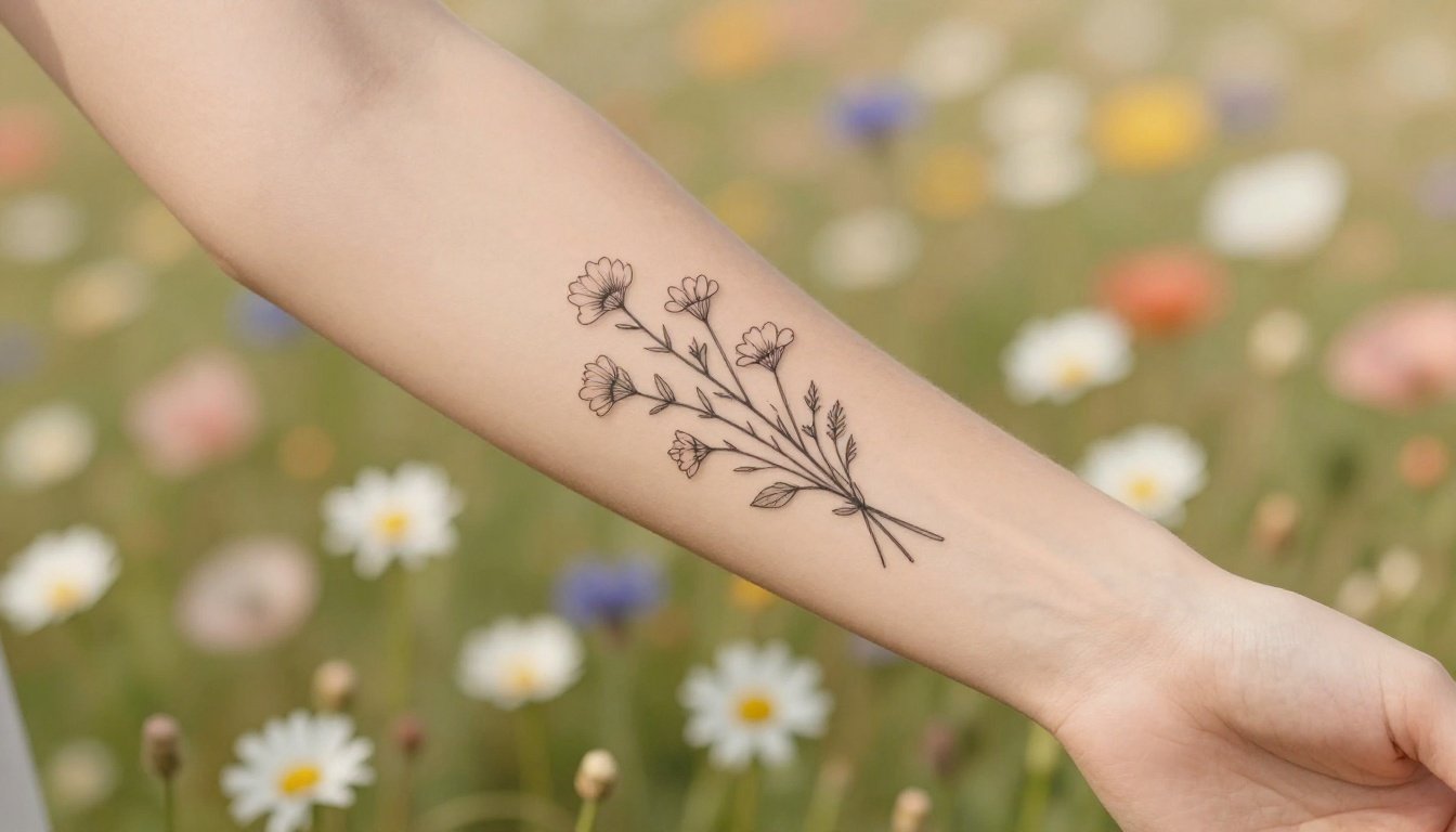Fine-line wildflower bouquet tattoo on a forearm in a sunny meadow.