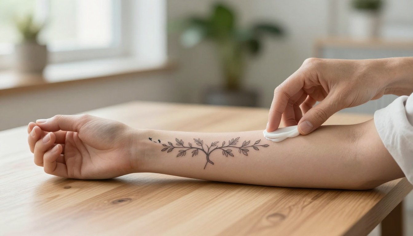 Forearm showing a delicate family tree tattoo while a gloved hand applies ointment.