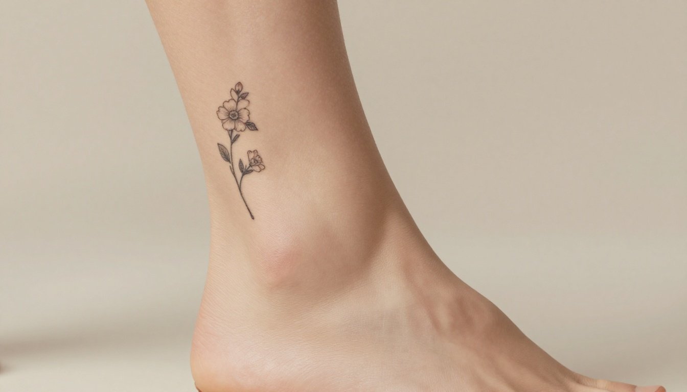 Close-up of a woman’s foot with a small floral tattoo on the side.