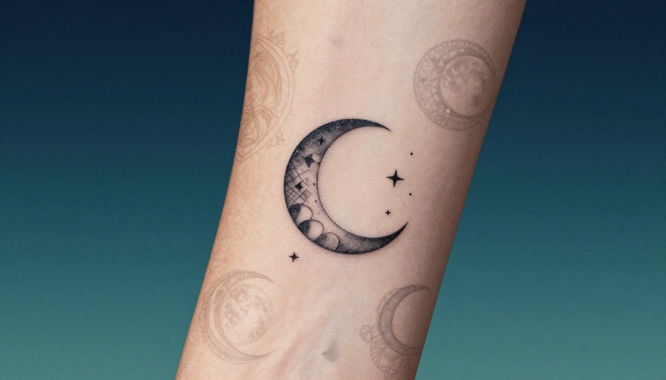 A crescent moon tattoo with stars appears on a woman’s forearm against a blue night sky.