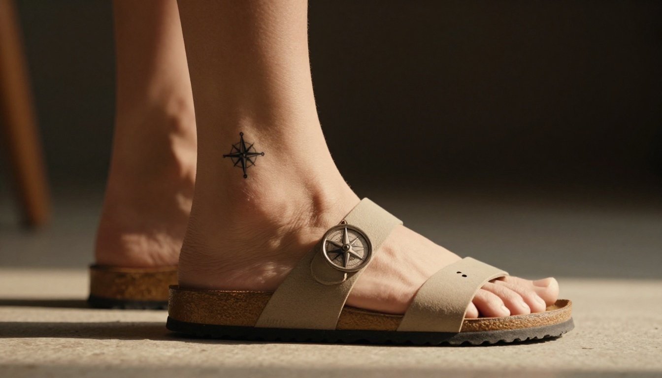 A small compass rose tattoo appears above a sandal strap on the inner ankle.