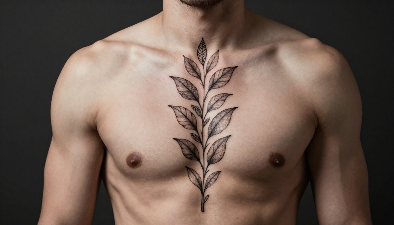 A man’s back displays a delicate botanical and mandala tattoo along the spine.